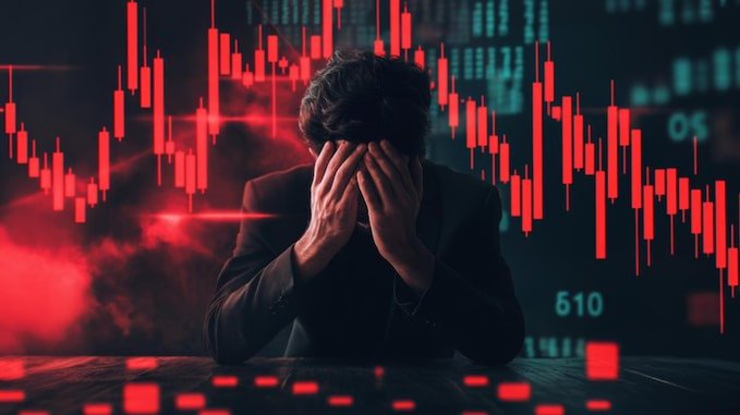 A distressed man in a dark suit holds his head in his hands against a backdrop of red downward-trending financial charts and stock market numbers including '610'.