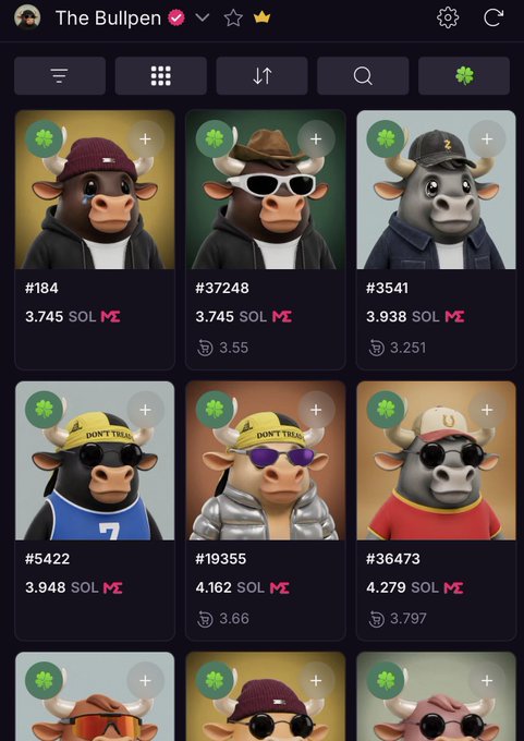 A screenshot of a mobile app or website called 'The Bullpen' displaying a grid of bull NFT collectibles, each with unique accessories like hats and sunglasses, listed with prices in SOL (such as #184 for 3.745 SOL).
