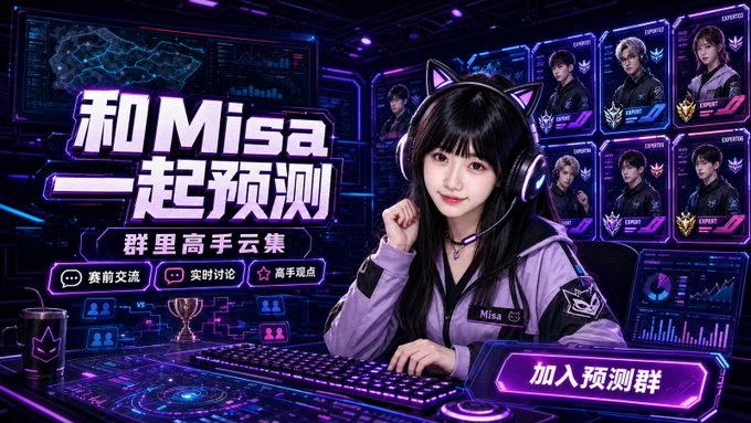 An animated promotional graphic featuring an anime-style character named 'Misa' wearing cat-ear headphones, with Chinese text '和Misa一起预测' (Predict with Misa) and '加入预测群' (Join Prediction Group) alongside gaming/esports portraits.