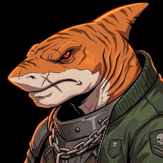 The image features a cartoon shark with an orange body wearing a green jacket, standing against a black background. The shark has a red eye and appears to be looking directly at the viewer. There are no texts or other objects present in the image.