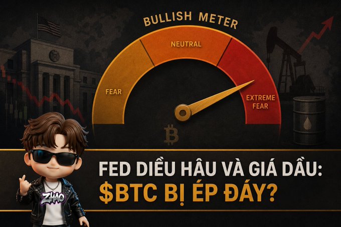 A Vietnamese financial graphic titled "FED ĐIỀU HẦU VÀ GIÁ DẦU: $BTC BỊ ÉP ĐẨY?" featuring a chibi-style character, a bullish meter gauge pointing to "Extreme Fear," and background imagery of the Federal Reserve building and oil pump jacks.