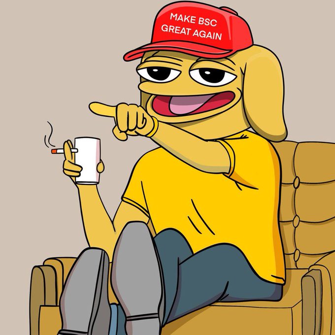The image features a confident cartoon frog wearing a red "MAKE BSC GREAT AGAIN" cap, holding a cigarette and gesturing while seated on a couch. The accompanying post promotes a BSC token launch on gmgn.ai, with the frog's "MAGA"-style hat and urging demeanor reinforcing a bullish, rallying call to support the BNB Smart Chain project.