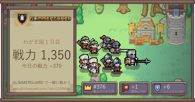 A pixel art screenshot from the game Glimmerguard shows a kingdom scene with soldiers and archers, displaying Japanese text including 'わが王国1日目', '戦力 1,350', and '今日の戦力 +370' along with the website play.glimmerguard.com.