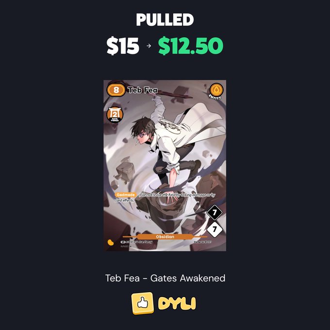 An Azuki Gates Awakened "Teb Fea" trading card (numbered #062/062) marked as "PULLED" with a price drop from $15 to $12.50, shared by a user celebrating opening a mystery box on @dyli_io.