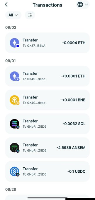 The image shows a mobile wallet transaction history displaying small outgoing transfers—including 0.0004 ETH, 0.0001 ETH, 0.0001 BNB, 0.0062 SOL, 4.5939 ANSEM, and 0.1 USDC—to suspicious addresses, illustrating the unauthorized crypto transfers the user suffered after clicking a malicious link and getting their wallet compromised.