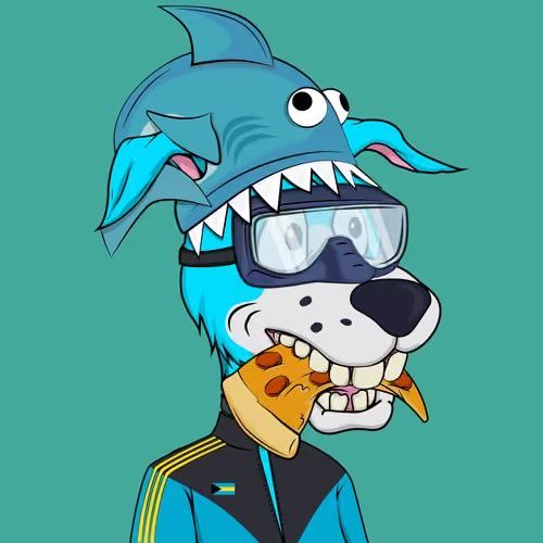 Cartoon illustration of an anthropomorphic blue-gray canine character wearing black goggles and holding a taco, with its shark-like hood framing a goofy, toothy face.