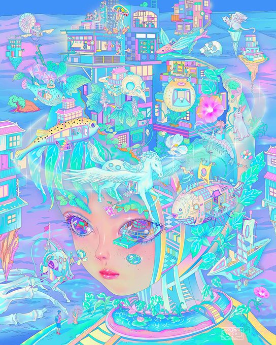 A vibrant, surreal digital illustration depicts a woman's face surrounded by a colorful floating city inhabited by fantastical creatures like winged unicorns and fish.
