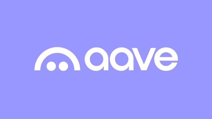 The Aave logo displayed in white text on a purple background, featuring a stylized character design.