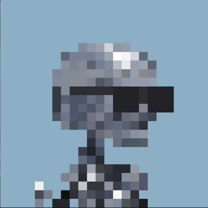 A heavily pixelated, low-resolution image of a figure with gray hair and sunglasses against a blue background.