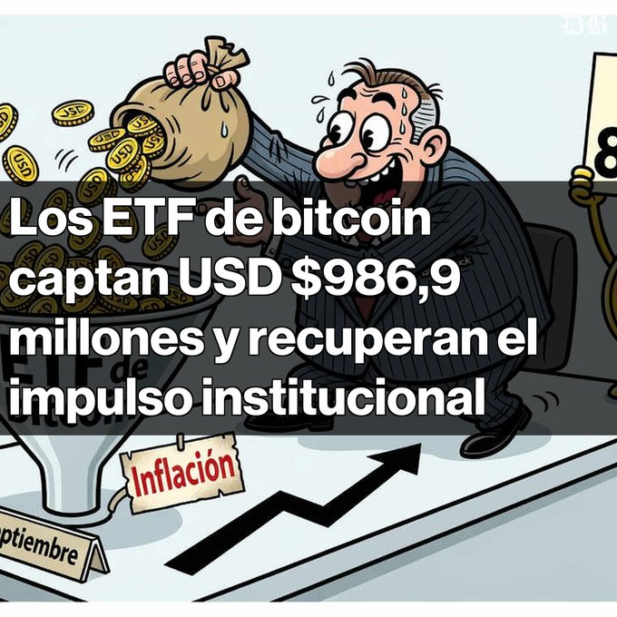 A Spanish-language Bitcoin ETF news cartoon featuring a sweating businessman holding a money bag, titled 'Los ETF de bitcoin captan USD $986,9 millones y recuperan el impulso institucional' (Bitcoin ETFs capture USD $986.9 million and recover institutional momentum).