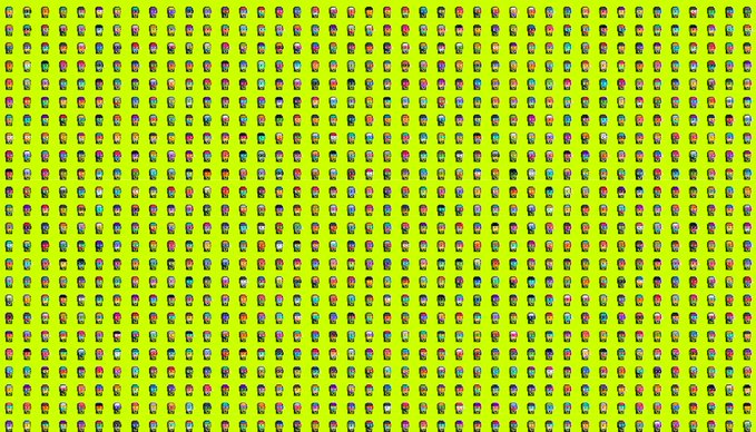 A grid of 10,000 colorful pixelated "punk" NFT characters on a bright yellow background, each featuring unique combinations of colorful hair and accessories, representing the Robin Punk collection advertised in the post as minting on OpenSea.