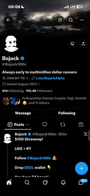 A screenshot of the X (Twitter) profile for 'Bojack' (@Bojack100x), a verified account with 110.4K followers that joined in August 2011, featuring a $100 giveaway post.
