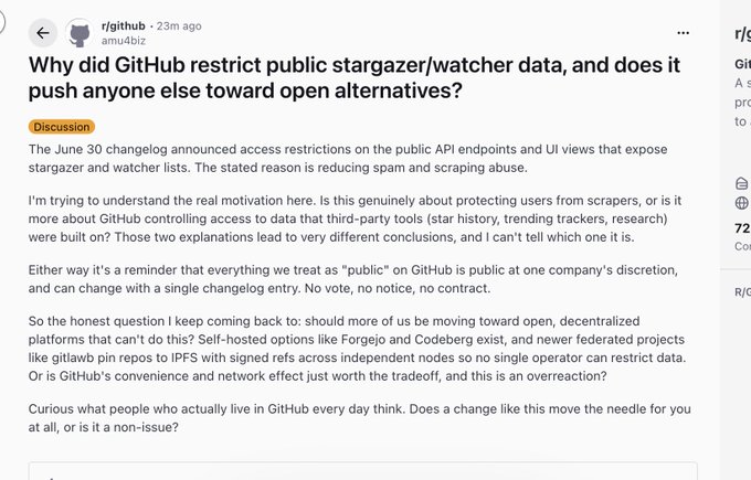 A Reddit post on r/github by amu4biz asking why GitHub restricted public stargazer/watcher data and whether it pushes users toward open alternatives like Forgejo and Codeberg.