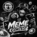 A black and white meme contest graphic featuring a cartoon character holding money bags with text reading 'MEME CONTEST' and 'YOU WILL BE PAID' badges.