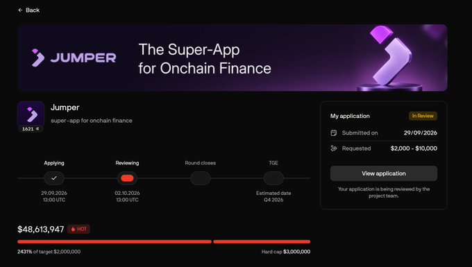 A screenshot of the Jumper Lab application page for "The Super-App for Onchain Finance," showing application status as "In Review," with requested funds of $2,000-$10,000 and a current total of $48,613,947.