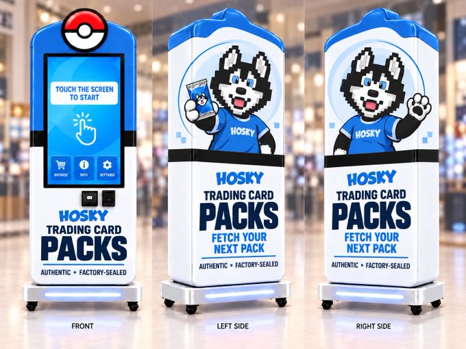 A digital mockup shows a Wosky Trading Card Packs vending machine from the front, left side, and right side, featuring a husky mascot character.