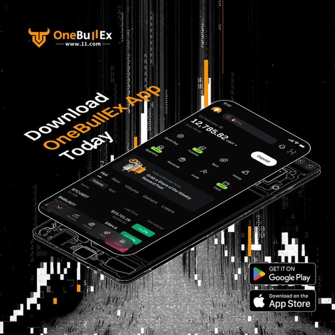 A promotional advertisement for the OneBullEx crypto trading app, available on Google Play and the App Store, showing the app interface on a smartphone with a Bitcoin chart background.