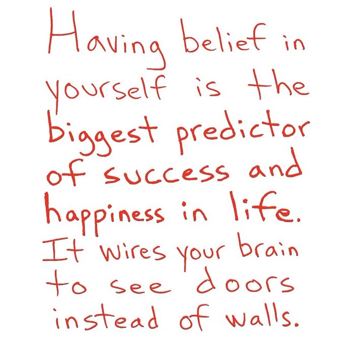 A handwritten inspirational quote in red ink that reads: 'Having belief in yourself is the biggest predictor of success and happiness in life. It wires your brain to see doors instead of walls.'