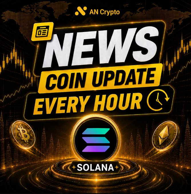 AN Crypto promotional graphic advertising 'NEWS COIN UPDATE EVERY HOUR' with a Solana logo in the center, flanked by Bitcoin and Ethereum coin images against a golden cityscape and candlestick chart background.