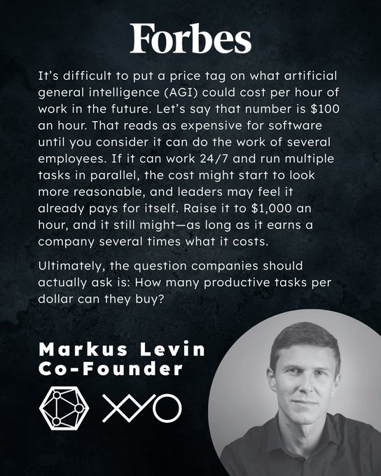 A Forbes article excerpt by Markus Levin, Co-Founder, discussing the future cost of artificial general intelligence (AGI) per hour of work.