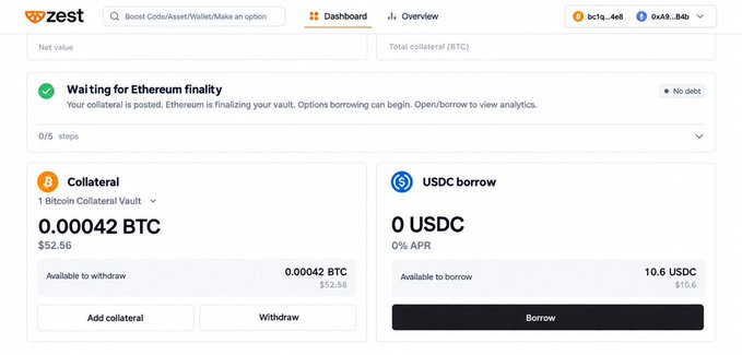 A Zest Protocol dashboard showing a Bitcoin Collateral Vault with 0.00042 BTC ($52.56) deposited and 0 USDC borrowed, with 10.6 USDC available to borrow at 0% APR, while the collateral waits for Ethereum finality confirmation.