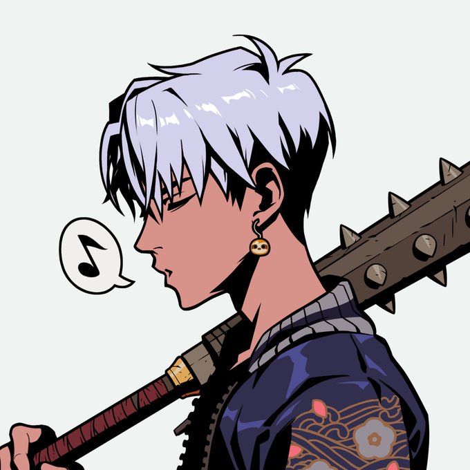 An anime-style illustration of a young man with white and black hair in profile, wearing a dark blue floral-patterned garment, a small earring, and carrying a spiked bat over his shoulder, accompanied by a music note speech bubble.
