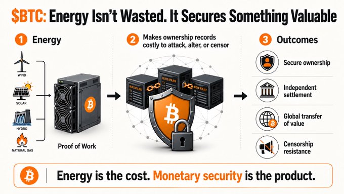 The infographic, titled "$BTC: Energy Isn't Wasted. It Secures Something Valuable," illustrates how Bitcoin converts energy sources (wind, solar, hydro, natural gas) into Proof of Work, which makes ownership records costly to attack and produces outcomes like secure ownership, independent settlement, global value transfer, and censorship resistance. It concludes with the message "Energy is the cost. Monetary security is the product," reinforcing the post's argument that Bitcoin's energy expenditure is purposeful, enabling trustless ownership and value transfer without intermediaries.