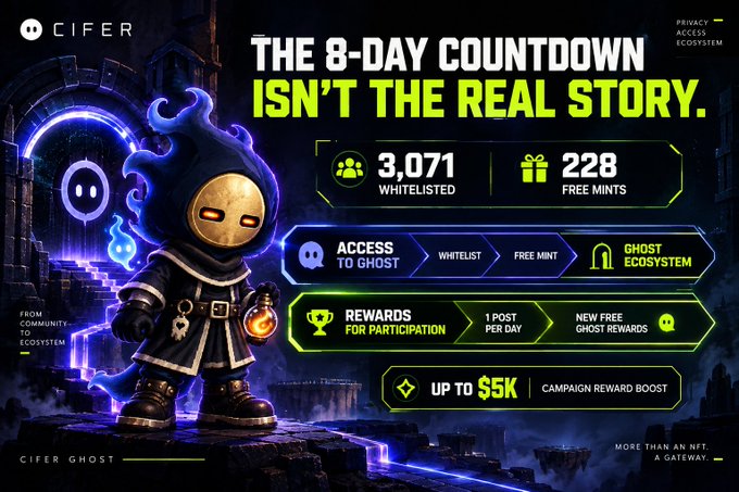 A CIFER Ghost promotional graphic highlights key campaign statistics—3,071 whitelisted and 228 free mints—alongside tiered access details (whitelist, free mint, ghost ecosystem) and up to $5K in campaign reward boosts, emphasizing the distinction between whitelist status and free mint eligibility beyond the 8-day countdown.