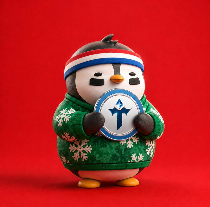 A 3D-rendered penguin character wearing a green snowflake-patterned sweater and a red, white, and blue headband holds a silver coin with a blue logo against a red background.