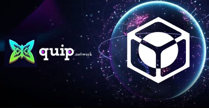 Promotional banner featuring the 'quip network' logo (a green butterfly icon next to the wordmark) alongside a large white hexagonal emblem set against a backdrop of a glowing digital globe.