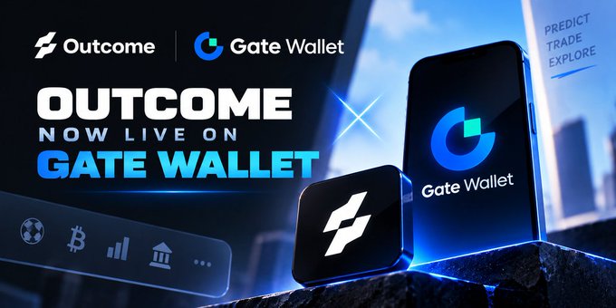 Promotional graphic announcing 'OUTCOME NOW LIVE ON GATE WALLET', featuring both platform logos and a smartphone displaying the Gate Wallet app with the tagline 'PREDICT TRADE EXPLORE'.