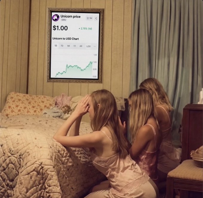 A humorous image showing three young women in nightgowns reacting with faces in hands to a framed chart on the wall titled 'Unicorn price (UNIC)' showing $1.00, labeled 'Unicorn to USD Chart'.