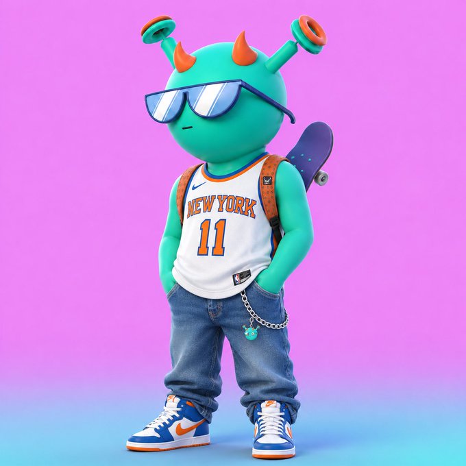A 3D-rendered teal alien character wearing orange sunglasses, a white 'NEW YORK 11' basketball jersey, baggy jeans, Nike sneakers, and carrying a skateboard on a purple background.