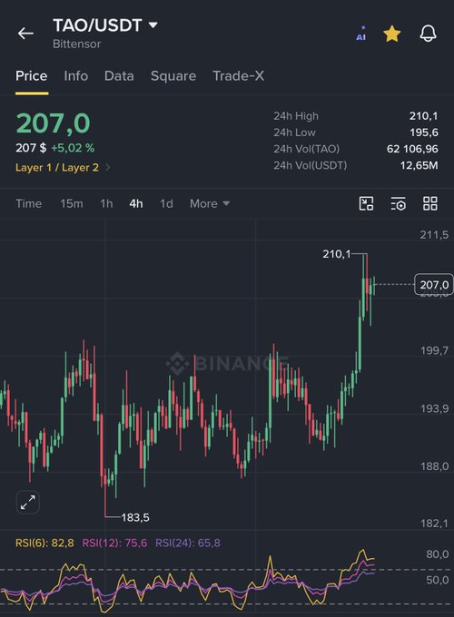 A Binance candlestick chart shows TAO/USDT trading at $207.0 (+5.02%) on Bittensor Layer 1/Layer 2, with a 24-hour high of $210.1 and a 4-hour view displaying an RSI(6) of 82.8—indicating strong bullish momentum and overbought conditions that align with the post's FOMO sentiment.