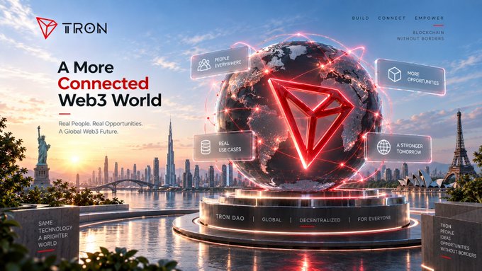 A promotional graphic for TRON cryptocurrency featuring the text 'TRON', 'A More Connected Web3 World', 'BUILD CONNECT EMPOWER', and 'BLOCKCHAIN WITHOUT BORDERS', with a futuristic cityscape background.