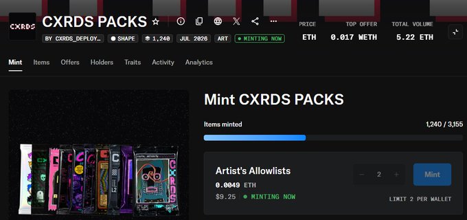 A Web3 NFT marketplace page for 'CXRDS PACKS' showing minting in progress with 1,240/3,555 items minted, priced at 0.0049 ETH (~0.017 WETH top offer), with an Artist's Allowlist mint option (limit 2 per wallet).