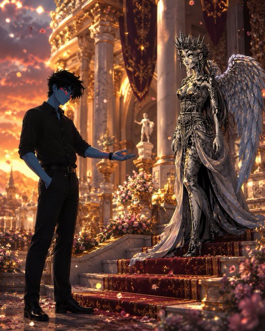 An anime-style illustration depicting a blue-skinned man with red eyes extending his hand toward a winged, crown-wearing statue in an ornate, sunlit palace setting.