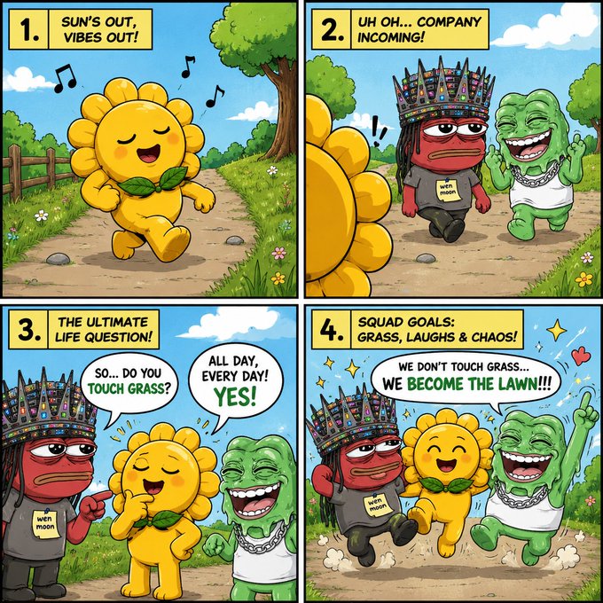 A four-panel comic featuring a yellow flower character, a crowned red figure labeled 'wen moon', and a green character, progressing from 'SUN'S OUT, VIBES OUT!' to 'SQUAD GOALS: GRASS, LAUGHS & CHAOS!' with the punchline 'WE DON'T TOUCH GRASS... WE BECOME THE LAWN!!!'