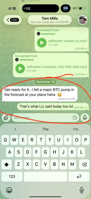 A screenshot of a text message from "Tom Mills" sent at 4:14 PM reads "Get ready for it.. I felt a major BTC pump in the forecast at your place haha 😳," illustrating the poster's experience of family members independently calling for an imminent Bitcoin price surge.