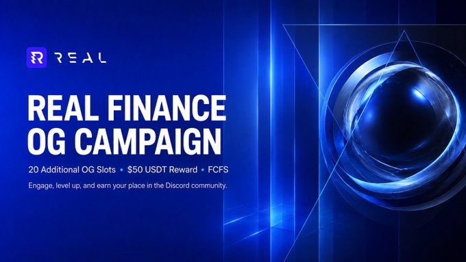 A digital advertisement for 'REAL FINANCE OG CAMPAIGN' featuring a blue background with a metallic sphere, promoting 20 Additional OG Slots and a $50 USDT Reward.