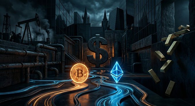 A dark, moody digital artwork featuring a large dollar sign, Bitcoin, and Ethereum symbols amid a stylized industrial cityscape with glowing blue and orange streams of light.