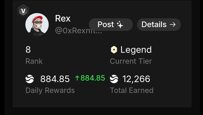 A crypto or gaming profile card displays user 'Rex' (@0xRexnft...) at Rank 8 with 'Legend' tier status, showing 884.85 daily rewards and 12,266 total earned.