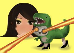 A digital illustration shows a cartoon woman with black hair firing a laser beam from a device, aimed at a small green T-Rex wearing black high heels against a bright yellow background.
