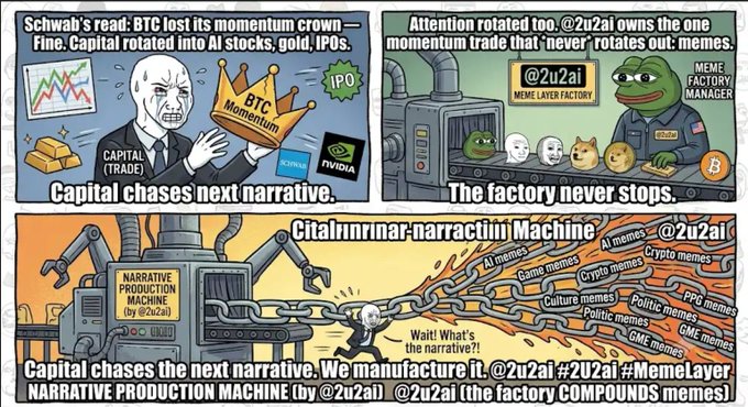 A four-panel comic by @2u2ai titled 'Narrative Production Machine' illustrating how capital chases the next narrative, with Pepe as the 'Meme Factory Manager' producing memes in categories like AI, Crypto, Political, Game, Culture, and GME memes.