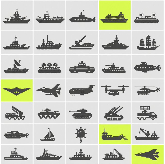 A grid of black silhouette icons depicting various military vehicles and aircraft—including warships, jets, helicopters, tanks, and submarines—is displayed, with four icons highlighted in lime green. The image appears to be from a stock-picking or selection game/app (possibly Robinhood Snacks or similar), tying into the post's mention of a 24-cent "mint" pick, where the highlighted green icons represent chosen items much like a selected stock.