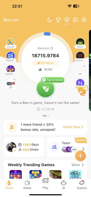 A screenshot of a mobile app called 'Bee.com' showing a balance of 18715.9784 'BEE' tokens with a rate of 0.81 BEE/hr, featuring a 'Tap to boost' button and sections for games, wallet, and AI.