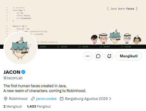 Twitter/X profile for JACON (@JaconLab), 'The first human faces created in Java. A new realm of characters, coming to Robinhood,' with 1,403 followers and a banner showing Java code and cartoon characters.