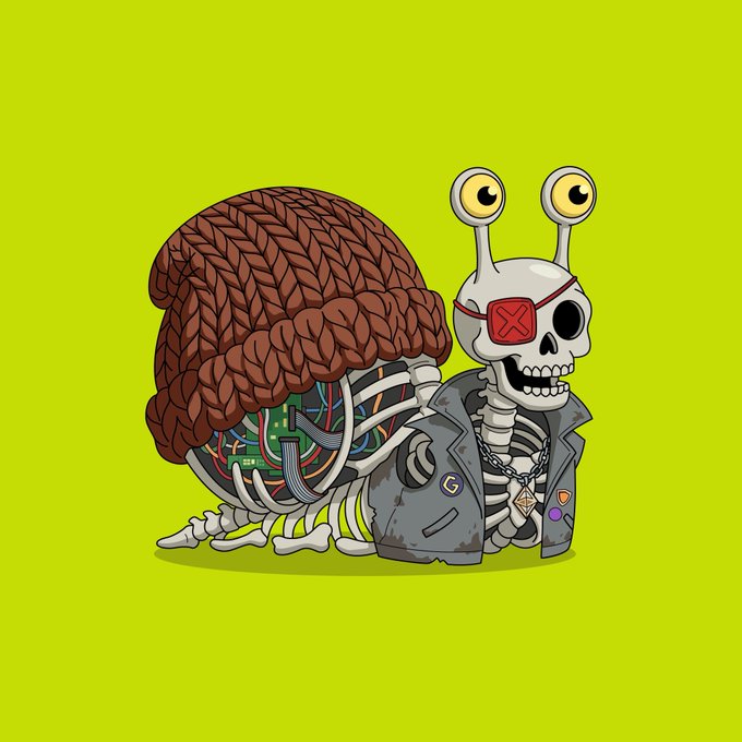 A quirky snail-skeleton hybrid with bulging eyes, a red "X" eyepatch, knit beanie, and cyberpunk jacket with a "G" pin is featured against a lime-green background. The skull-faced character, adorned with a gold chain and tech-enhanced shell, visually represents the "RobinWifHat" mascot used to promote the Snailies whitelist giveaway.