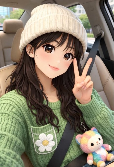 An anime-style illustration of a girl in a green sweater and white beanie making a peace sign in a car, accompanied by a small rainbow teddy bear keychain.