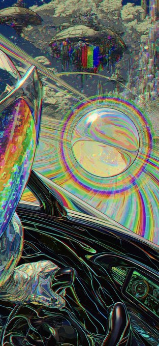 A surreal, psychedelic digital artwork featuring iridescent colors, flying saucers, and abstract organic shapes.
